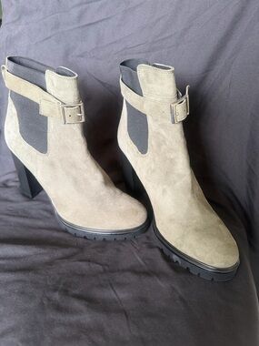 Barneys New York Taupe Suede Buckle Chelsea Ankle Boots